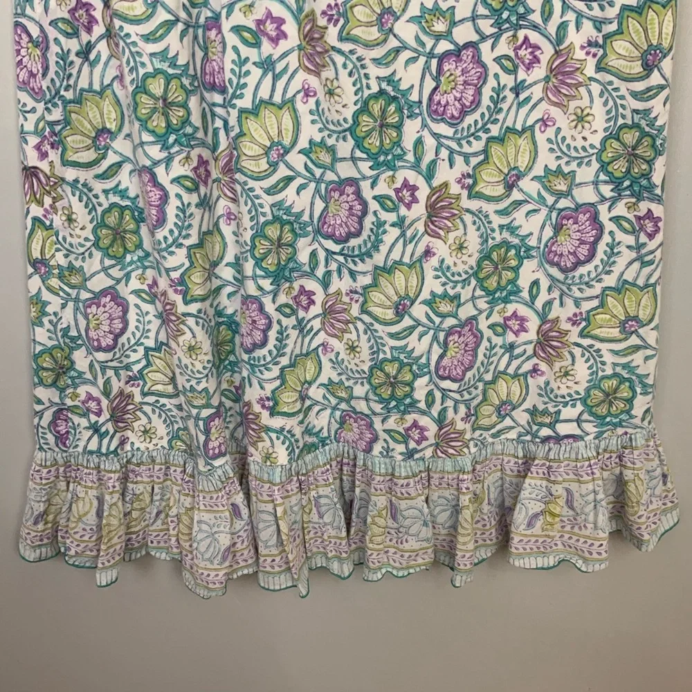 Anokhi East Sz 12 Purple Green Floral Ruffle Hem Cotton Midi Dress Sundress - Picture 3 of 7
